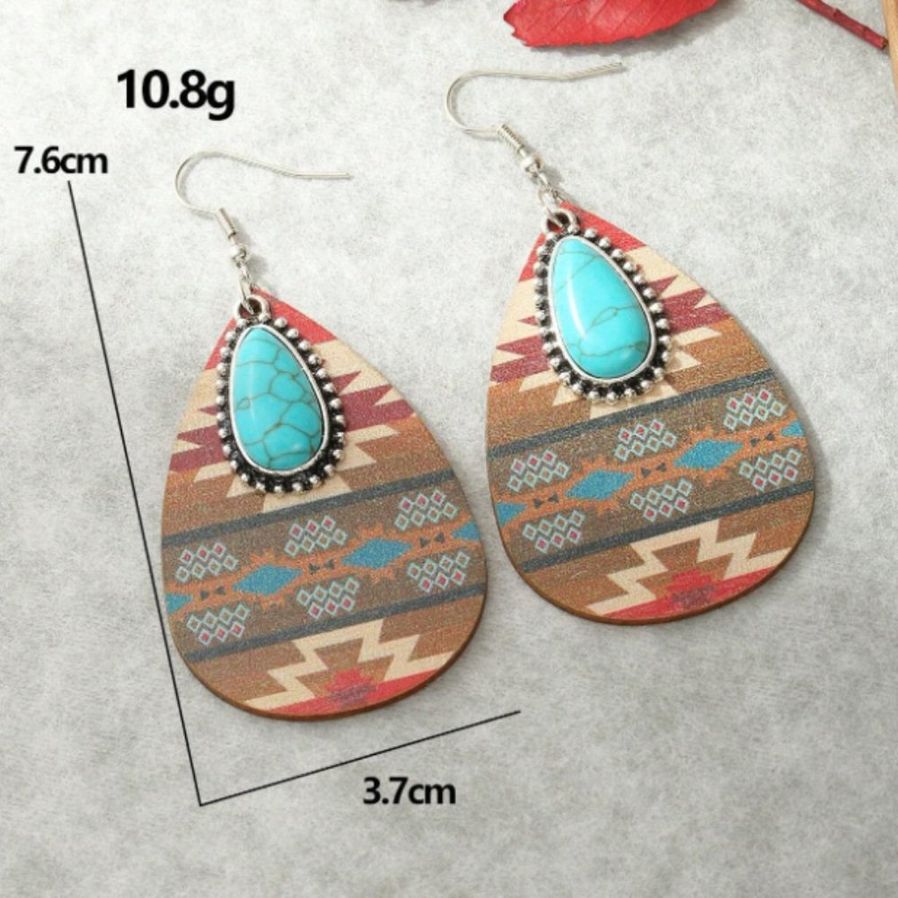 Boho Southwestern Turquoise & Tribal Aztec Wood Teardrop Dangle Earrings NEW - Picture 7 of 9
